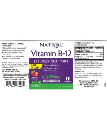 Natrol Vitamin B12 5000mcg Fast Dissolve Tablets 200 Count - Promotes Energy & Supports Nervous System - Strawberry Flavor - Buy Online on GoSupps.com