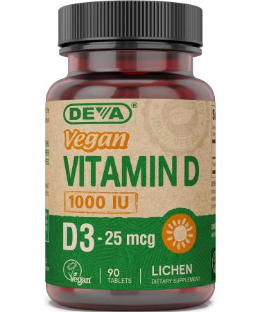 DEVA Vegan Vitamin D3 Supplement - Once-Per-Day Tablet with 1000 IU - Cholecalciferol - Lichen Plant Derived - 90 Small Tablets 90 Count (Pack of 1)