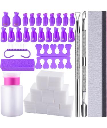 SIQUK Nail Polish Remover Kit with Finger Toe Nail Clips Wipe Cotton Pads Nail Files Cuticle Peeler Nail Brush for Gel Nail Removal (Purple)