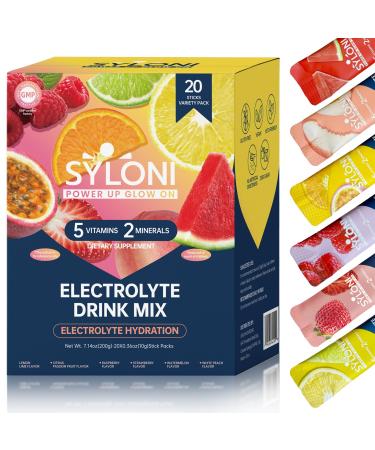 Syloni Electrolytes Powder Packets Trial Variety Pack(20 Sticks) Sugar Free Hydration Packets Electrolyte Drink Mix with 7 Vitamins and Electrolytes Keto Friendly Vegan Gluten Free