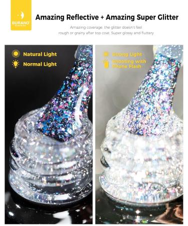 BURANO Holographic Gel Polish - Reflective White Silver Glitter UV LED Nail Polish 7.3ml for Home DIY - Curing Required (YH11 - Buy Online on GoSupps.com