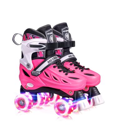 METROLLER Roller Skates for Girls and Boys Teens , Adjustable 4 Sizes for Kids Toddler Rollerskates with Light up Wheels, for Youth Women and Men Rose Medium-Big Kid (1-4 US)