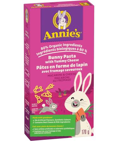 ANNIE'S - MACARONI AND CHEESE Bunny Pasta Cheese No Artificial Flavours No Synthetic Colours Contains Real Cheese and Milk Ingredients 80% Organic Ingredients 170 Grams Package - Buy Online on GoSupps.com
