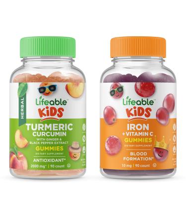 Lifeable Turmeric Curcumin Kids + Iron & Vitamin C Kids Gummies Bundle - Great Tasting Vitamin Supplement Gluten Free GMO Free Chewable Gummy