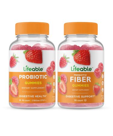 Lifeable Probiotic 2 Billion CFU + Prebiotic Fiber 5g Gummies Bundle - Great Tasting Vitamin Supplement Gluten Free GMO Free Chewable Gummy