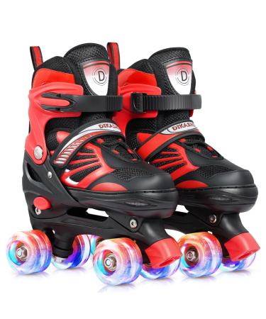 DIKASHI Roller Skates for Boys Age 1-12 with Light Up Wheels, 4 Size Adjustable Indoor Outdoor Rollerskates for Little Kids Boy Beginners Red Large-Big kids(9