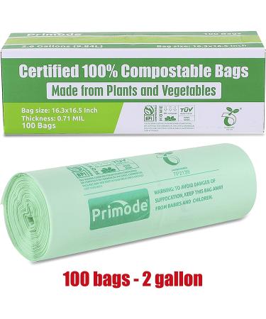 Primode 100% Compostable Trash Bags 2.6 Gallon - 100 Count, Extra Thick 0.71 Mil, BPI & TUV EU Certified Compost Bags for Food Scrap Yard Waste - Buy Online on GoSupps.com