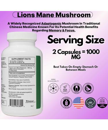 PRISTINE'S Lion's Mane Mushroom Supplement Capsules - Focus & Cognitive Function Adaptogen - 1000mg 60 Day Supply - Immunity Memory and Focus for Adults - Vegan - Non-GMO - Buy Online on GoSupps.com