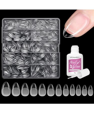 Venares 500 Pieces Extra Short Almond Soft Gel Artificial Nail Tips Set with Glue 12 Sizes Pre-Polished Nail Tips for Gel Nails Soft Gel Nail Tips XS Short Almond Nail Tips Set for Gel Nails