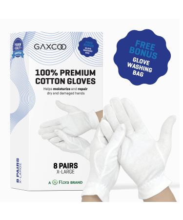 Extra Large, XL White Premium Cotton Moisturizing Gloves Overnight Bedtime | Premium Quality | Eczema Dry Sensitive Skin | Spa Therapy Wristband | Washable Reusable Durable (100% Cotton, 8 Pairs) X-Large (8 Pair)