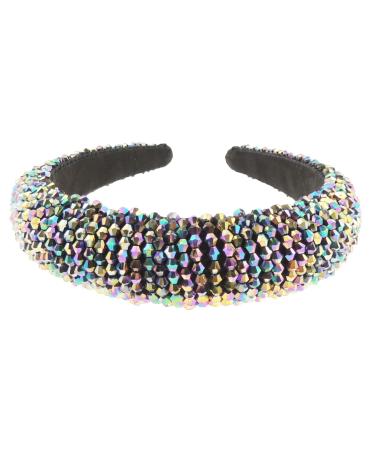 Womens Sparkly Beaded Rhinestone Embellished Jeweled Crystal Wide Bump Thick Padded Evening Formal Occasion Christmas Birthday Wedding Bridal Party Headband Hair Alice Band Hairband (Black AB)