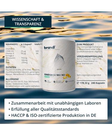Vitamin D3 K2 Omega 3 Premium Capsules | Brandl Made in Germany | EU Fish Oil | 240 Capsules for Athletes - Buy Online on GoSupps.com