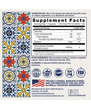 Basic Brands Pura Salud Pureflex Glucosamine Sulfate 500mg 120 Count (Pack of 1) 60 Count (Pack of 2) - Buy Online on GoSupps.com