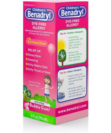 Children's Benadryl Antihistamine Allergy Relief Liquid - Dye-Free, Bubble Gum Flavored - 4 Oz - Buy Online on GoSupps.com