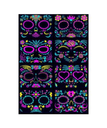 Beisto 8 Set Fluorescent Face Tattoo Stickers - Glow UV Neon Temporary Tattoos for Women - Halloween Christmas Festival Party Props - Buy Online on GoSupps.com