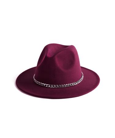 Gossifan Classic Wide Brim Fedora Hat with Chain Belt Buckle Wine Red 7 1/8-7 1/4