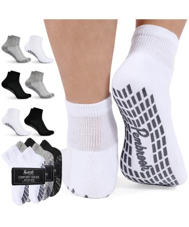 Diabetic Ankle Socks for Men & Women with Grips | 6 Pairs 1/4 Length Wide Non Binding Non Slip Diabetic Socks for Men & Women 2 Black / 2 Grey / 2 White - 6 Pairs Medium