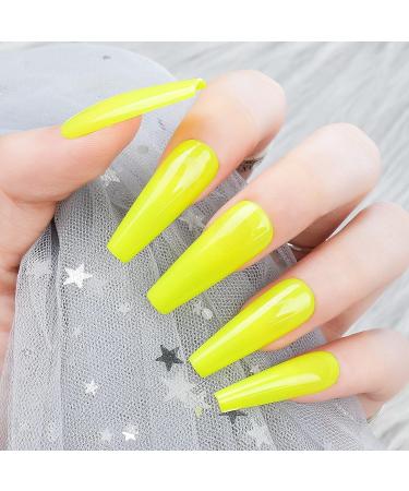Jofay Fashion Fluorescent Yellow Long Coffin Press on Nails - 24pcs | Reusable Glossy False Nails with Glue for Women and Girls - Buy Online on GoSupps.com