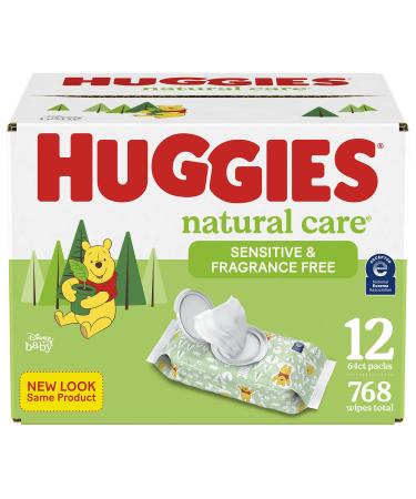 Baby Wipes, Huggies Natural Care Sensitive Baby Diaper Wipes, Unscented, Hypoallergenic, 12 Flip-Top Packs (768 Wipes Total) 12 Flip-Lid Packs