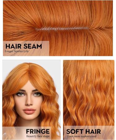 Wokestar Orange Red Bob Curly Wig with Fringe - 12 inch Short Synthetic Wavy Wig for Women - Buy Online on GoSupps.com