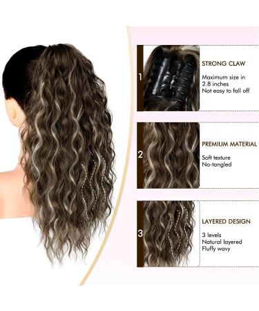 PORSMEER 18 Inch Claw Ponytail Extension Multi Layered Clip on Ponytail Extension for Women Long Curly Wavy Hair Extensions Natural Fluffy Synthetic Clip in Hairpiece for Daily (Brown with platinum) Ash brown with platinum - Buy Online on GoSupps.com