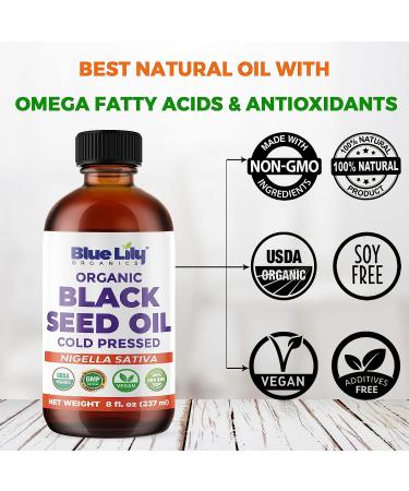 Blue Lily Organics Organic Black Seed Oil 8 oz - USDA Certified, Cold Pressed from Nigella Sativa - Omega 3 6 9 Super Antioxidant for Immune Support, Digestion, Hair & Skin - Vegan, Non-GMO - Buy Online on GoSupps.com