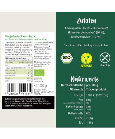 Buy Lotao Veggie Hack Bio (3x100g) - Vegan Sustainable High Protein Pea & Jackfruit | Perfect for Bolognese Burgers & Chili | 70% Protein 100g Pack - Buy Online on GoSupps.com