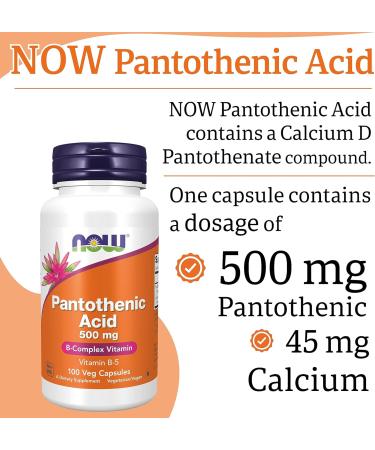 Now Foods Pantothenic Acid 500mg 100 Vegan Capsules Lab-Tested Vitamin B5 High Dose Gluten Free SOYA Free Vegetarian - Buy Online on GoSupps.com