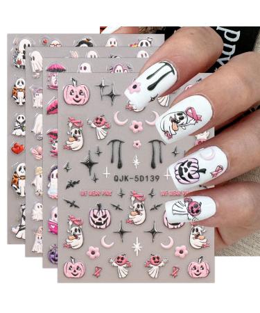 JMEOWIO 3D Embossed Halloween Nail Art Stickers Decals Self-Adhesive 5D Cute Pink Moon Ghost Pumpkin Nail Supplies Nail Art Design Decoration Accessories 4 Sheets