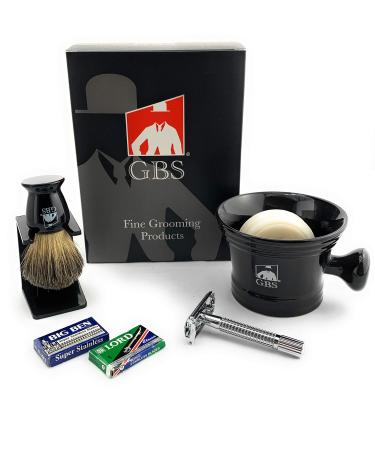 G.B.S Men's Shaving Set Mug Butterfly Long Safety Razor Pure Badger Brush Drip Stand Brush Holder Natural Shave Soap Glossy Metal Handle