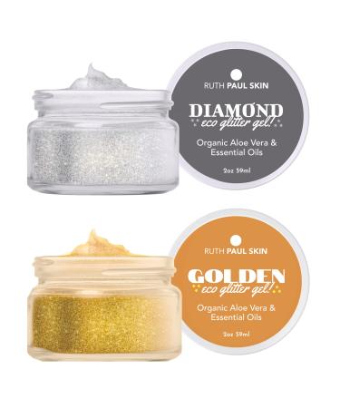 Gold & Diamond Face Body Glitter Gel: for Women & Girls | Bio Glitter Body Shimmer | Fine Glitter in Aloe Vera Gel with Essential Oil | Body Makeup by Ruth Paul Skin 2oz