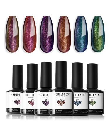 Modelones Chameleon Gel Nail Polish Set - 6 Colors Aurora Gel Polish Kit Glitter Blue Green Purple Red Brown Gel Polish Soak Off LED Nail Lamp Gel Nail Kit Home Gifts DIY Salon for Women