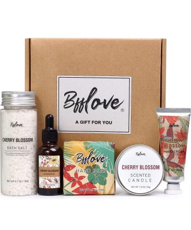 Spa Gifts for Women, BFF LOVE-5pcs Cherry Blossom Spa Gifts Box for Her, Spa Kit Gift Set for Women with Massage Oil, Scented Candle, Bath Salt, Hand Cream & Soap, Gift Baskets for Women, Mothers Day Gift