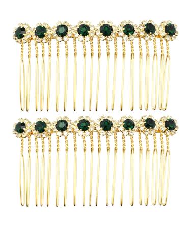 PRETTYLIFE Bridal Crystal Side Combs for Hair 2 Pieces Wedding Flower Alloy Rhinestone French Hair Pins Accessories for Women Girls (Dark Green)