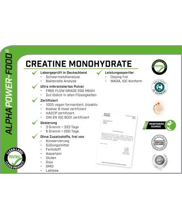 Alphapower Vegan Creatine Monohydrate 1kg - Ultra Micronized Bioactive Kosher & Halal Certified - Laboratory Tested from Germany - Buy Online on GoSupps.com