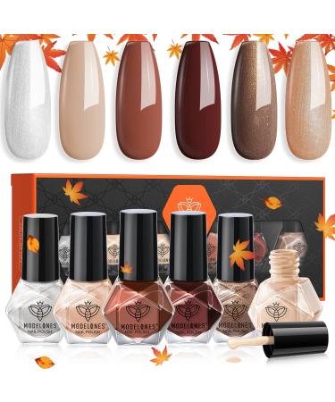 modelones Nail Polish 6 Colors Fall Brown Nude Silver Glitter Nail Polish Set Skin Tone Winter Collection Quick Dry Nail Polish Manicure DIY Nail Art Salon Home Gift For Women Girl A0-Fall's Gold