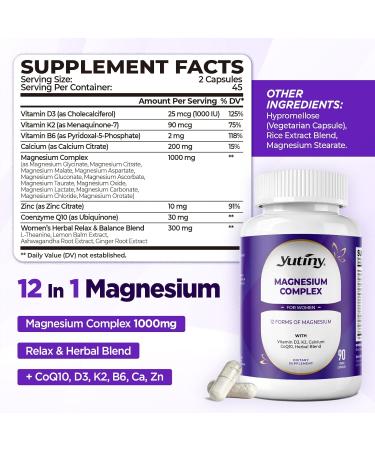 Yutiny Magnesium Complex for Women 12 in 1 Magnesium Supplement with Glycinate Citrate Malate Taurate Vitamin D3 K2 Zinc Ashwagandha Sleep Heart Bone Nerve Health 90 Count - Buy Online on GoSupps.com
