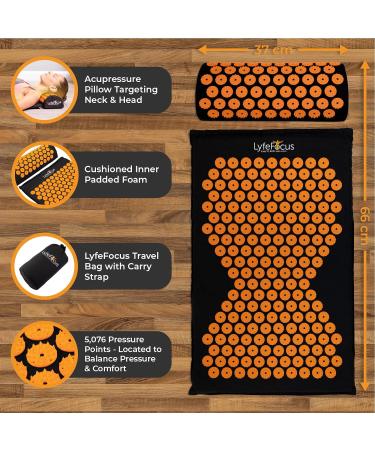 LyfeFocus Acupressure Mat & Pillow Set with Travel Bag - Back, Neck & Shoulder Pain Relief - Black & Orange - Buy Online on GoSupps.com