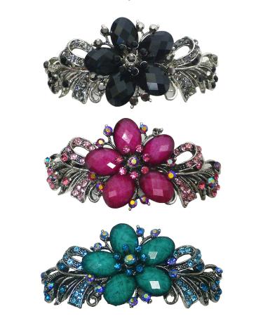 Set of 3 jcgy Large Barrettes Sparkly Crystals Thick Hair Hairclips 0052-3jetHpinkAqua jet hot pink aquamarine