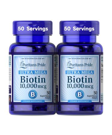 Puritan's Pride Premium Ultra Mega Biotin 10 000mcg Dietary Supplement for Healthy Hair Skin Nails and Energy Metabolism Support 100 Day Supply 50 Rapid Release Softgels 2 Pack 50 Count (Pack of 2)
