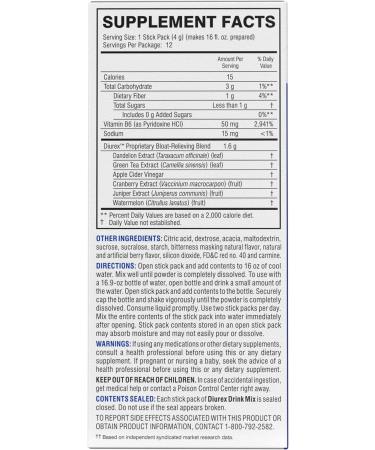 Diurex Drink Mix - Diuretic Supplement - Mixed Berry Flavor - Bloat Relief with Diurex Proprietary Bloat-Relieving Blend - Single Serve - 12 Pack - Buy Online on GoSupps.com