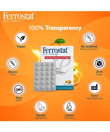 Ferrostat 65mg Chewable Iron Supplement with Vitamin C | 30-Day Supply for Bariatric Patients | Non-Constipating Vegan Iron - Orange Flavor - Buy Online on GoSupps.com