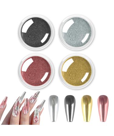 Allstarry Chrome Nail Powder 4 Colors Metallic Mirror Effect Powder Holographic Manicure Pigment Glitter Powder Kit for Nail Art Decoration Gel Polish with 4 Pcs Eyeshadow Sticks Classic Color