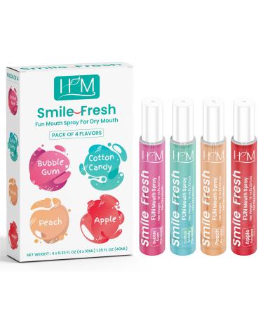 HM - Dry Mouth Fun 4 Flavoured Spray - Peach, Bubble Gum, Cotton Candy & Apple - Alcohol Free, Instantly Hydrate & Moisturize, Ph Balanced, Promotes Saliva Production & Soothes Pack of 4 x 0.33 oz