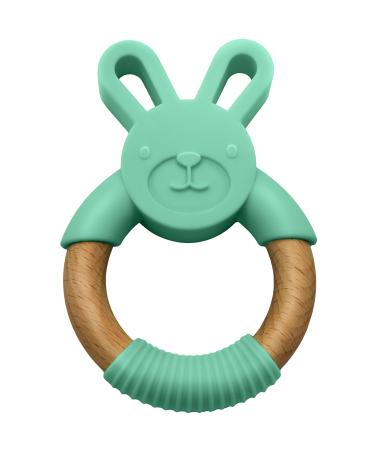 LittleFoot Nation Organic & Natural Bunny Rabbit Baby Teether Ring  100% BPA Free Pure Food Grade Silicone & Beech Wood  Teething Pain Relief Toy for Toddlers & Infants (Green)