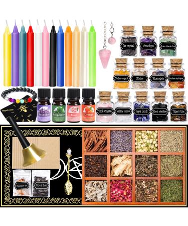 Witchcraft Supplies kit 60PCS -Witch Stuff Spell Kit - Witchcraft Supply kit with Spell Candles ,Witchcraft Herbs , Crystal Pendulums,Parchments,Mini Crystal Balls - Witch Starter Kit 60 Packs Witchcraft Supplies