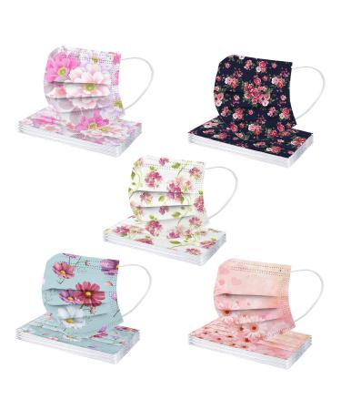 Goddess Accent 50PCS Disposable Face_Mask Tie Dye Floral Cute Cartoon Printed Face Protection Face Covering for Adults Women