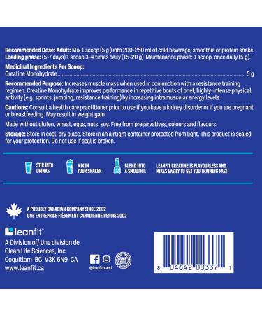 LEANFIT SPORT CREATINE MONOHYDRATE Powder Unflavoured - Creatine Supplement for Increased Muscle Mass Enhanced Energy & Improved Performance - Informed Choice Certified Micronized & Pharmaceutical Grade Creatine Gluten-Free Vegan - 5g Creatine Per Serving - Buy Online on GoSupps.com
