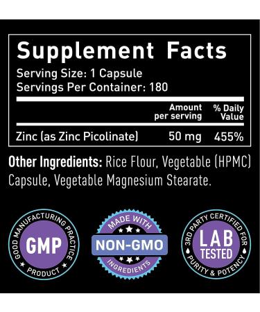Zinc Picolinate 50mg Immune System Support | Growth Booster | 180 Capsules (6-Month Supply) - Zinc 50mg Supplements for Adults - Buy Online on GoSupps.com