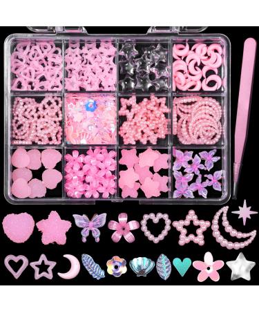 3D Acrylic Assorted Nail Charms Candy Heart Star+Blossom Flower Butterfly Nail Art Charms Pearl Hollow Heart Moon Star Mixed Nail for Charms Art Decorations Designs DIY Crafting Accessories